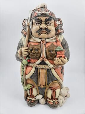 Vintage 10" Japanese-Style Warrior & Guardian Ceramic Statue Hand-Painted Scary